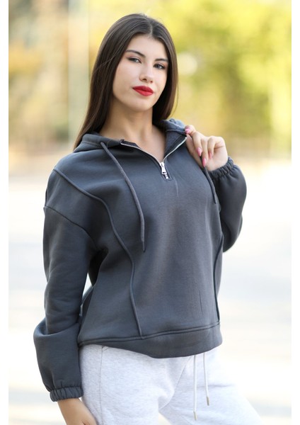 Kadın Kapüşonlu Sweatshirt Yarım Fermuar Pamuk Karışımlı Biyeli Füme Hoodie - 2536