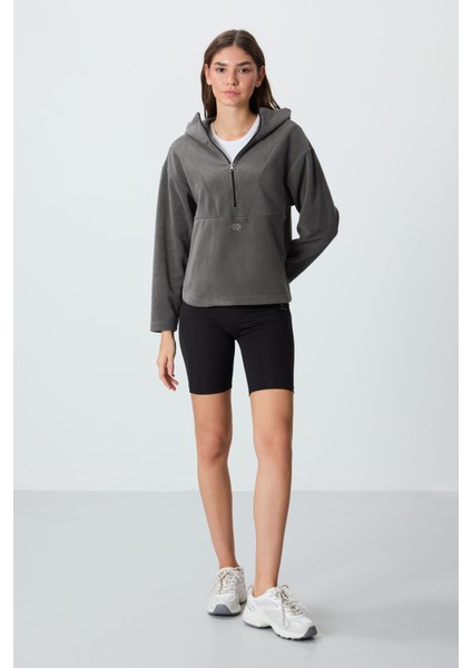 Koyu Gri Kalın Yumuşak Dokulu Kapüşonlu Oversize Nakışlı Polar Kadın Sweatshirt -97286 fiyatları