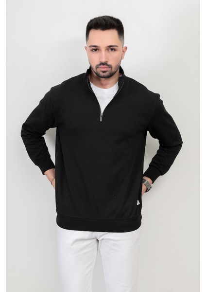Erkek Siyah Renk Yarım Fermuarlı Diagonel Çelikli Sweat - 5470