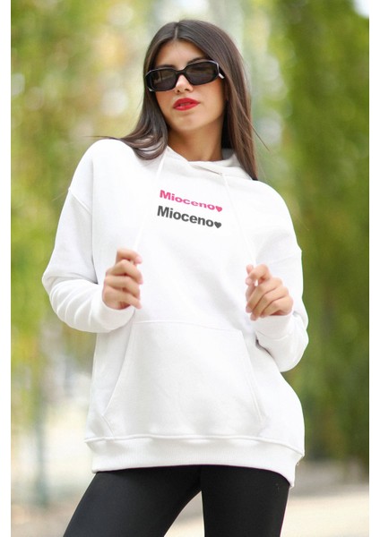 Beyaz Kapüşonlu Oversize Kadın Sweatshirt Mioceno Baskılı Pamuk Karışımlı Hoodie - 25100