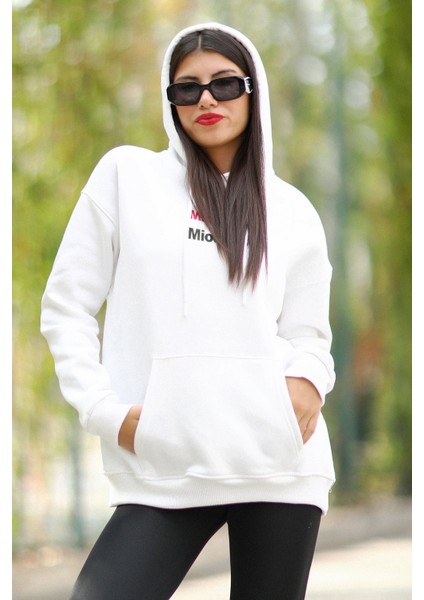 Beyaz Kapüşonlu Oversize Kadın Sweatshirt Mioceno Baskılı Pamuk Karışımlı Hoodie - 25100