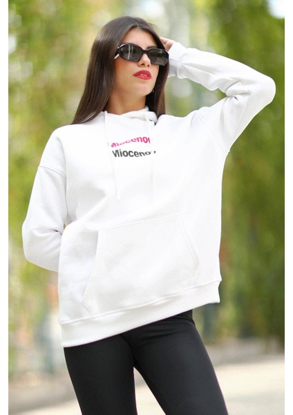 Beyaz Kapüşonlu Oversize Kadın Sweatshirt Mioceno Baskılı Pamuk Karışımlı Hoodie - 25100