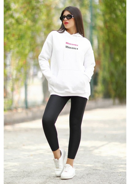 Beyaz Kapüşonlu Oversize Kadın Sweatshirt Mioceno Baskılı Pamuk Karışımlı Hoodie - 25100