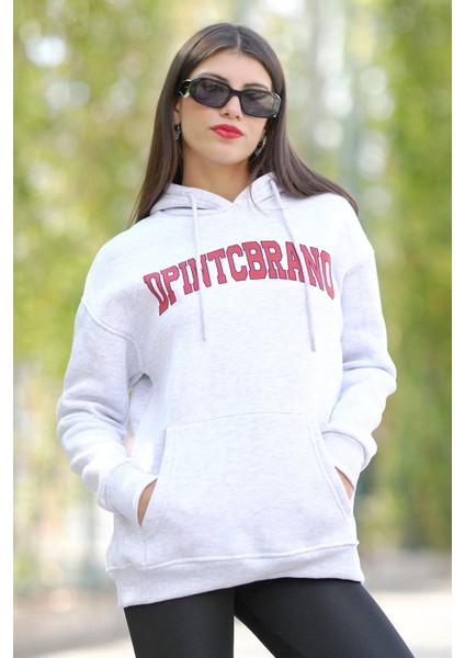 Kadın Oversize Kapüşonlu Kar Melanj Sweatshirt Üç İplik Kanguru Cepli Baskılı Hoodie - 25101