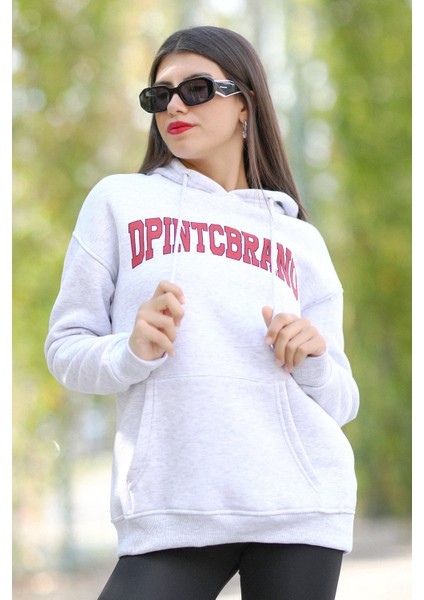 Kadın Oversize Kapüşonlu Kar Melanj Sweatshirt Üç İplik Kanguru Cepli Baskılı Hoodie - 25101