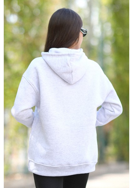 Kadın Oversize Kapüşonlu Kar Melanj Sweatshirt Üç İplik Kanguru Cepli Baskılı Hoodie - 25101