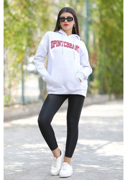 Kadın Oversize Kapüşonlu Kar Melanj Sweatshirt Üç İplik Kanguru Cepli Baskılı Hoodie - 25101