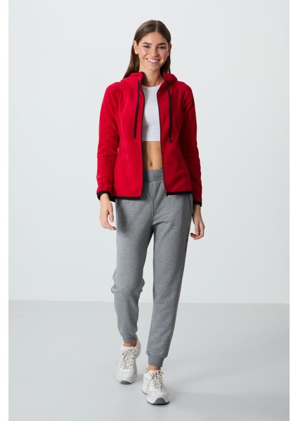 Kırmızı Kalın Yumuşak Dokulu Kapüşonlu Standart Fit Nakışlı Polar Kadın Sweatshirt -97287 fiyatları