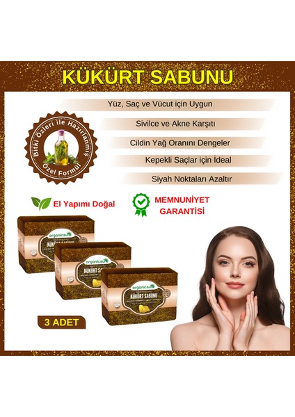 Doğal Kükürt Sabunu 140 gr x 3 Adet Tüm Cilt Tipleri Için Antioksidan ve Yenileyici Etkili