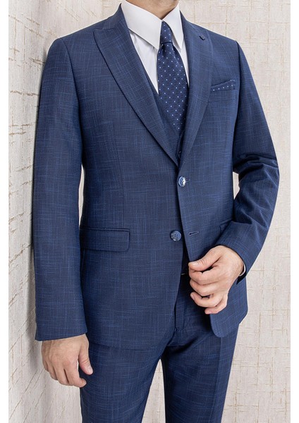 Erkek Slim Fit Sivri Yaka Lacivert Yelekli Takım Elbise fiyatları