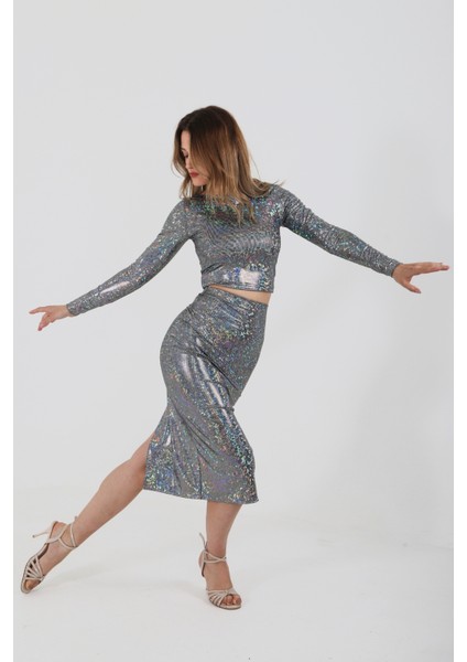 Yırtmaçlı Şık Kalem Midi Boy Parti Dans Eteği