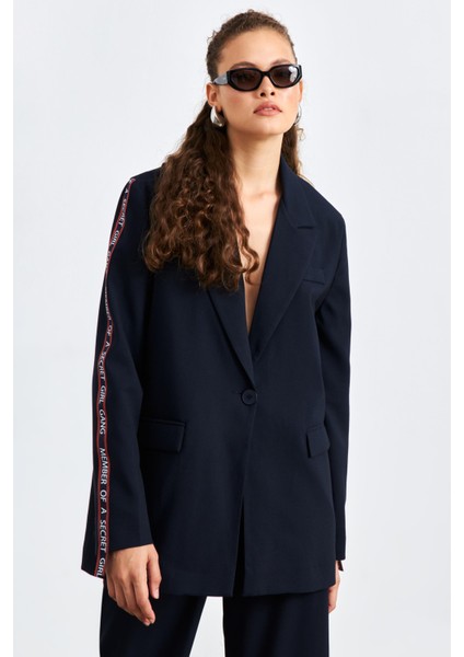 Şerit Detaylı Lacivert Kadın Blazer Ceket