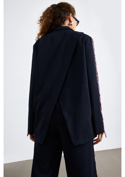 Şerit Detaylı Lacivert Kadın Blazer Ceket modelleri