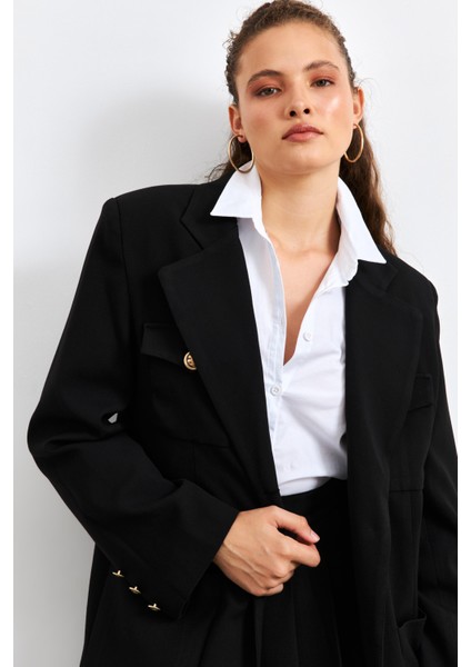 Cep Detaylı Oversize Siyah Blazer Ceket