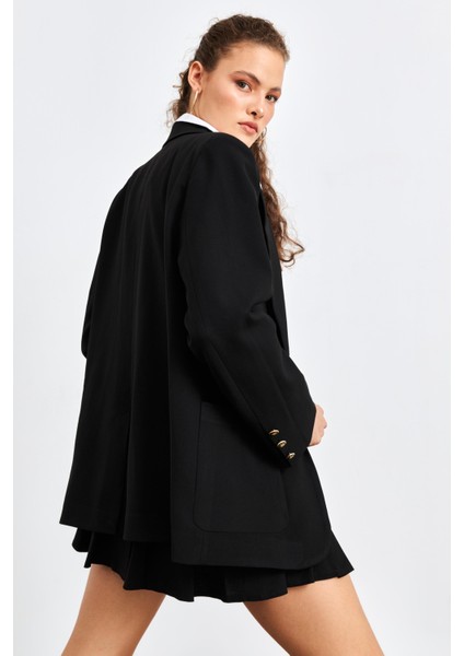 Cep Detaylı Oversize Siyah Blazer Ceket