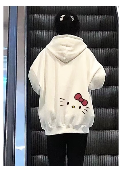 Y2K Tarzı Hello Kitty Beyaz Ön-Arka Baskılı Sweatshirt fırsatları