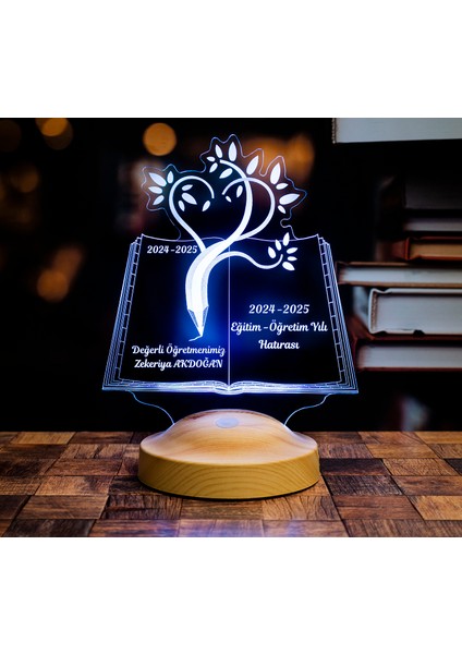 Öğretmenler Günü Hediyesi 3D LED Lamba - Mezuniyet Hatırası, İsimli Öğretmene Hediye, Kitap Tasarımlı Sevgili Öğretmenim Masa Lambası
