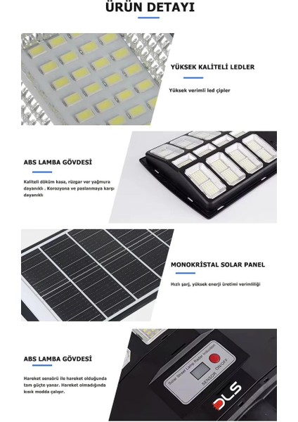 Dls 1800W Solar Güneş Enerjili Profesyonel LED Bahçe Aydınlatması Hareket Sensörlü 936 Ledli