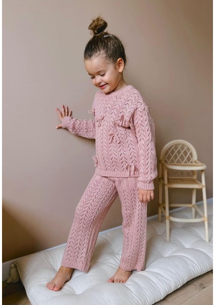 Kurdela Detaylı Triko Kız Çocuk takım - Pembe