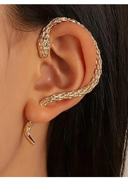 Gotik Tarz Yılan Şekli Kulak Sarma Gold Küpe