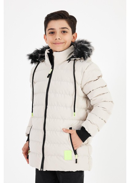 Krem Erkek Çocuk Çıkartılabilir Kapüşonlu Şişme Deri Karışımlı Kumaş Mont&kaban modelleri