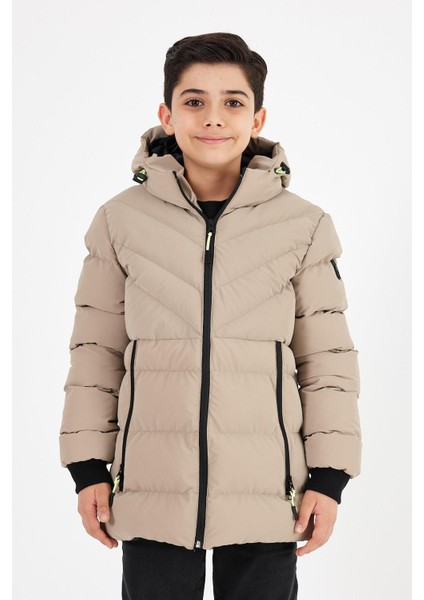 Kahverengi Erkek Çocuk Sabit Kapüşonlu Şişme Deri Karışımlı Kumaş Mont&kaban