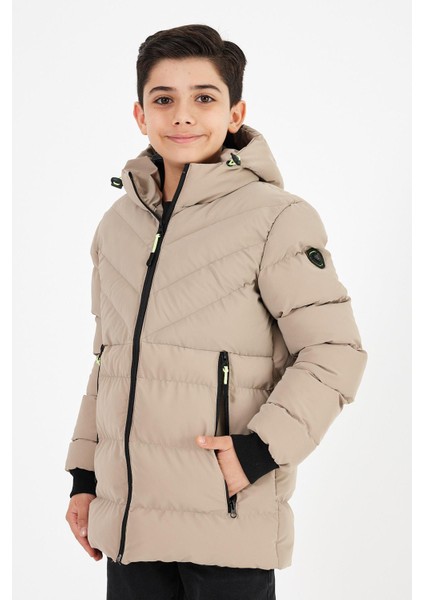 Kahverengi Erkek Çocuk Sabit Kapüşonlu Şişme Deri Karışımlı Kumaş Mont&kaban modelleri