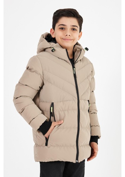 Kahverengi Erkek Çocuk Sabit Kapüşonlu Şişme Deri Karışımlı Kumaş Mont&kaban fırsatları