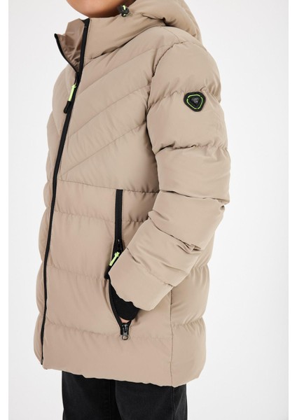 Kahverengi Erkek Çocuk Sabit Kapüşonlu Şişme Deri Karışımlı Kumaş Mont&kaban indirimleri