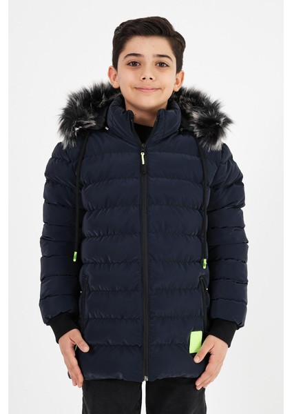 Lacivert Erkek Çocuk Çıkartılabilir Kapüşonlu Şişme Deri Karışımlı Kumaş Mont&kaban