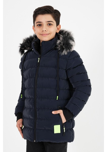 Lacivert Erkek Çocuk Çıkartılabilir Kapüşonlu Şişme Deri Karışımlı Kumaş Mont&kaban fiyatları