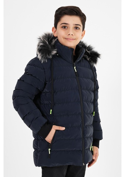 Lacivert Erkek Çocuk Çıkartılabilir Kapüşonlu Şişme Deri Karışımlı Kumaş Mont&kaban modelleri