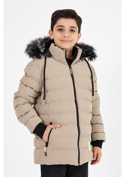 Kahverengi Erkek Çocuk Çıkartılabilir Kapüşonlu Şişme Deri Karışımlı Kumaş Mont&kaban fiyatları