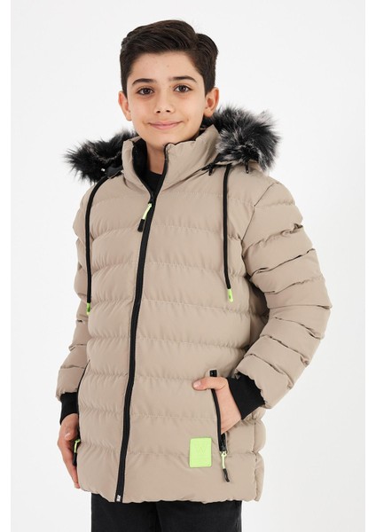 Kahverengi Erkek Çocuk Çıkartılabilir Kapüşonlu Şişme Deri Karışımlı Kumaş Mont&kaban modelleri