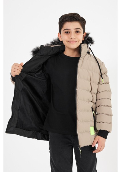 Kahverengi Erkek Çocuk Çıkartılabilir Kapüşonlu Şişme Deri Karışımlı Kumaş Mont&kaban fırsatları