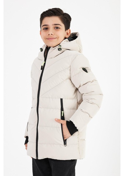 Krem Erkek Çocuk Sabit Kapüşonlu Şişme Deri Karışımlı Kumaş Mont&kaban fiyatları