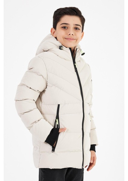 Krem Erkek Çocuk Sabit Kapüşonlu Şişme Deri Karışımlı Kumaş Mont&kaban fırsatları