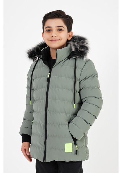 Açık Yeşil Erkek Çocuk Çıkartılabilir Kapüşonlu Şişme Deri Karışımlı Kumaş Mont&kaban fiyatları