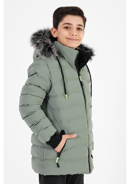Açık Yeşil Erkek Çocuk Çıkartılabilir Kapüşonlu Şişme Deri Karışımlı Kumaş Mont&kaban modelleri