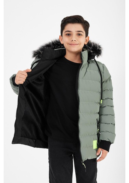 Açık Yeşil Erkek Çocuk Çıkartılabilir Kapüşonlu Şişme Deri Karışımlı Kumaş Mont&kaban fırsatları