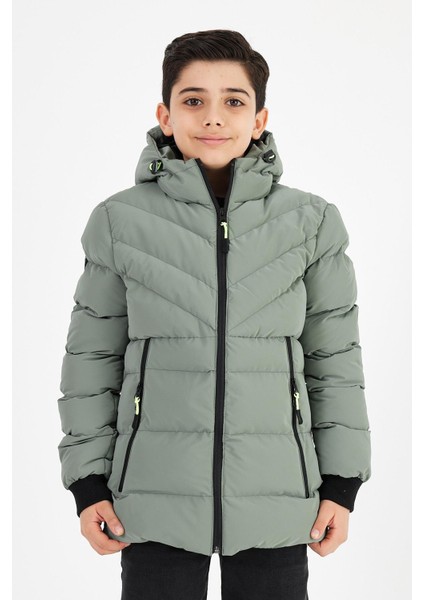 Açık Yeşil Erkek Çocuk Sabit Kapüşonlu Şişme Deri Karışımlı Kumaş Mont&kaban