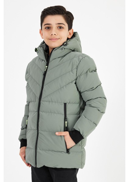 Açık Yeşil Erkek Çocuk Sabit Kapüşonlu Şişme Deri Karışımlı Kumaş Mont&kaban modelleri