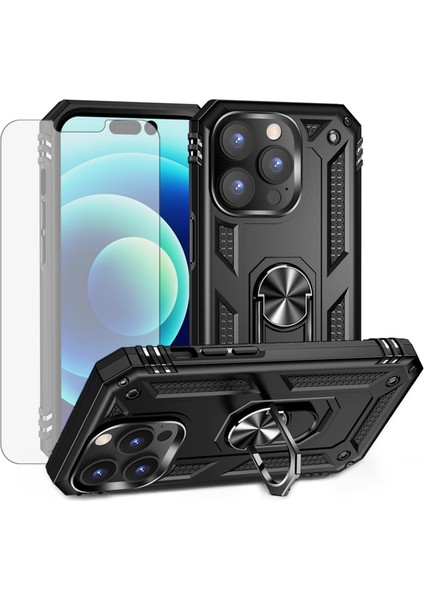 iPhone 14 Pro Max Kılıf Armor Tank Holder Hard Shockproof + Ekran Koruyucu