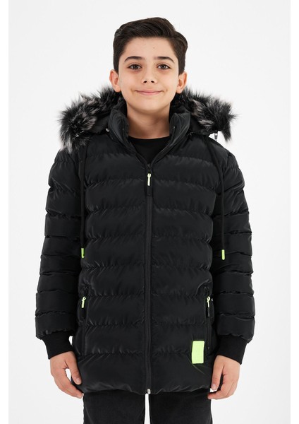 Siyah Erkek Çocuk Çıkartılabilir Kapüşonlu Şişme Deri Karışımlı Kumaş Mont&kaban