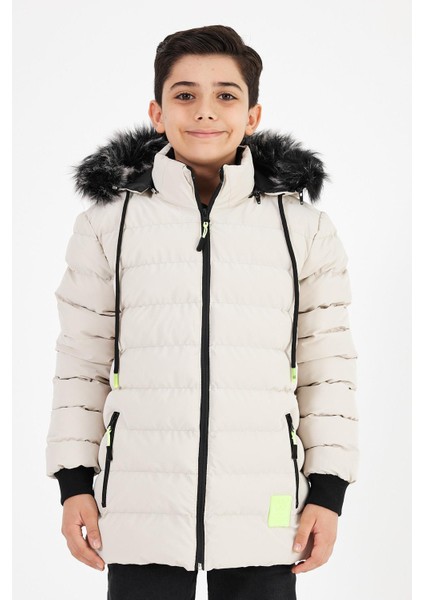 Krem Erkek Çocuk Çıkartılabilir Kapüşonlu Şişme Deri Karışımlı Kumaş Mont&kaban