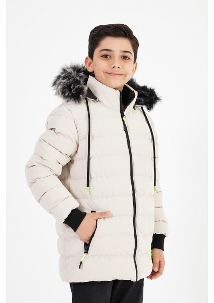 Krem Erkek Çocuk Çıkartılabilir Kapüşonlu Şişme Deri Karışımlı Kumaş Mont&kaban fiyatları