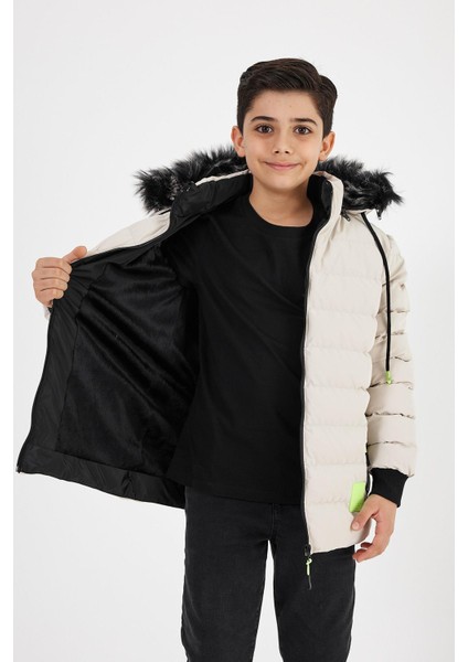 Krem Erkek Çocuk Çıkartılabilir Kapüşonlu Şişme Deri Karışımlı Kumaş Mont&kaban fırsatları