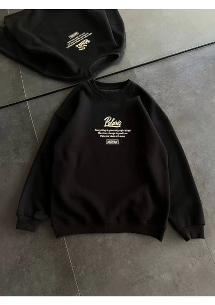 Kışlık Bisiklet Yaka Ön ve Arka Baskılı Sweatshirt - Siyah