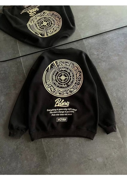 Kışlık Bisiklet Yaka Ön ve Arka Baskılı Sweatshirt - Siyah