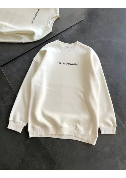 Üç Iplik Penye Bisiklet Yaka Baskılı Sweatshirt - Beyaz